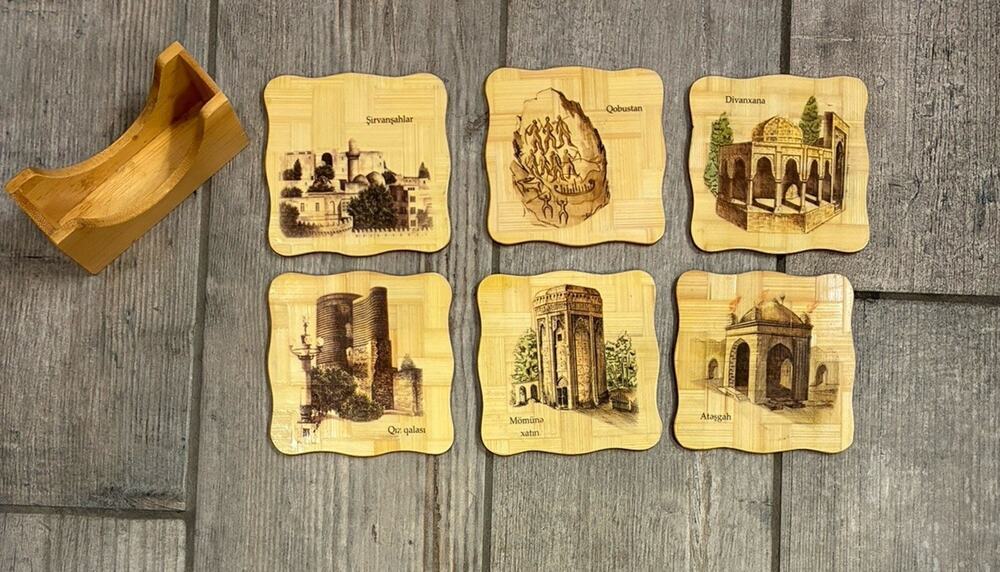 Vintage Azerbaijan Historic Landmarks Bamboo Coaster Set of 6 with Holder Baku